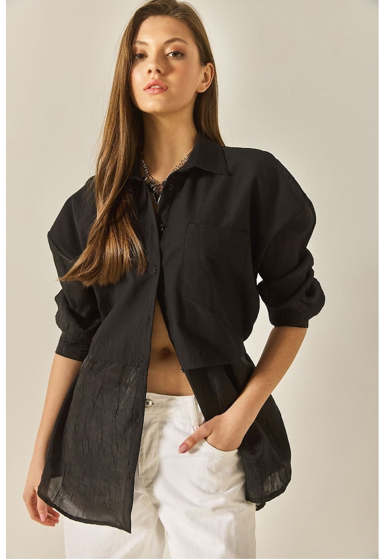 Camasa supradimensionata - maneca lunga - organza - negru - bumbac