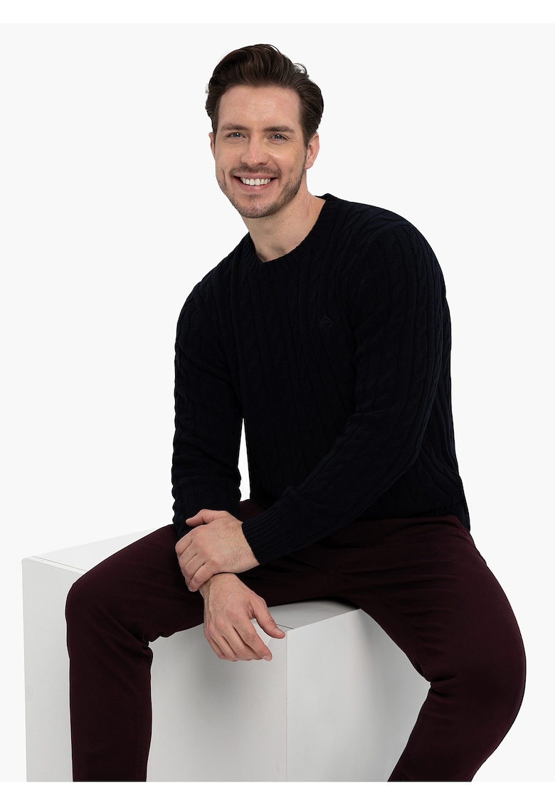 Pulover cu model torsade - decolteu rotund - barbati - S-Roby - Albastru marin