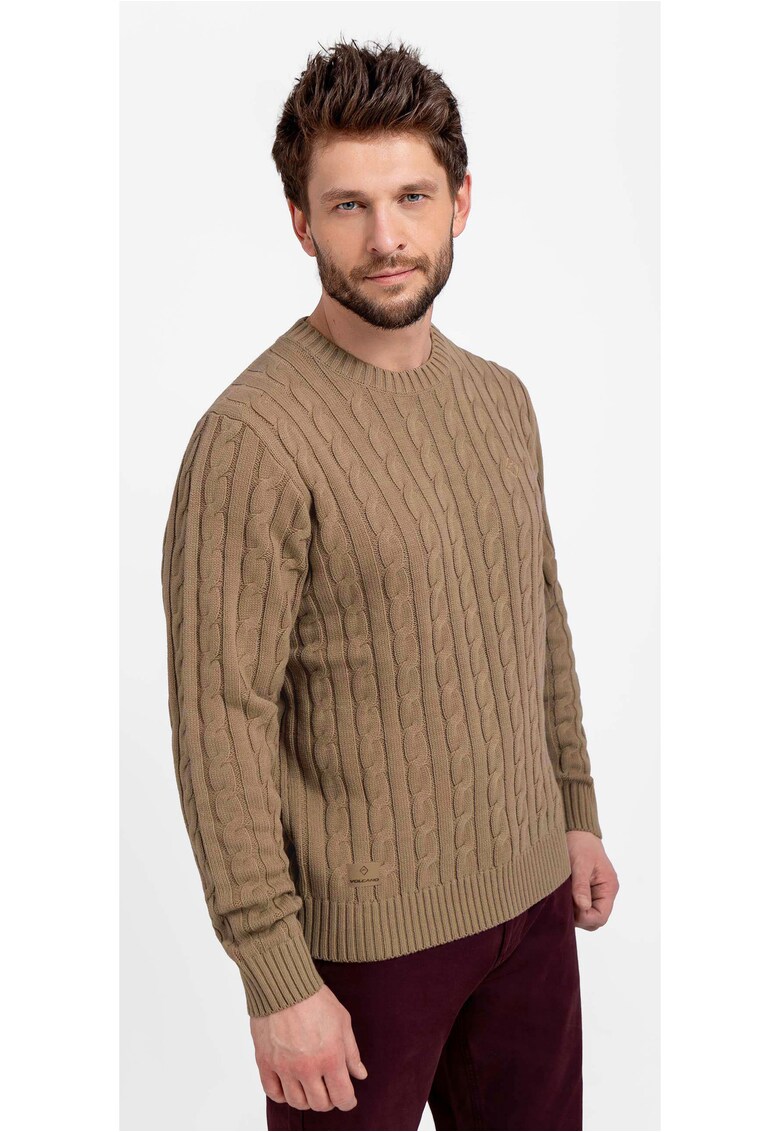 Pulover cu model torsade - decolteu rotund - barbati - S-Roby - Bej
