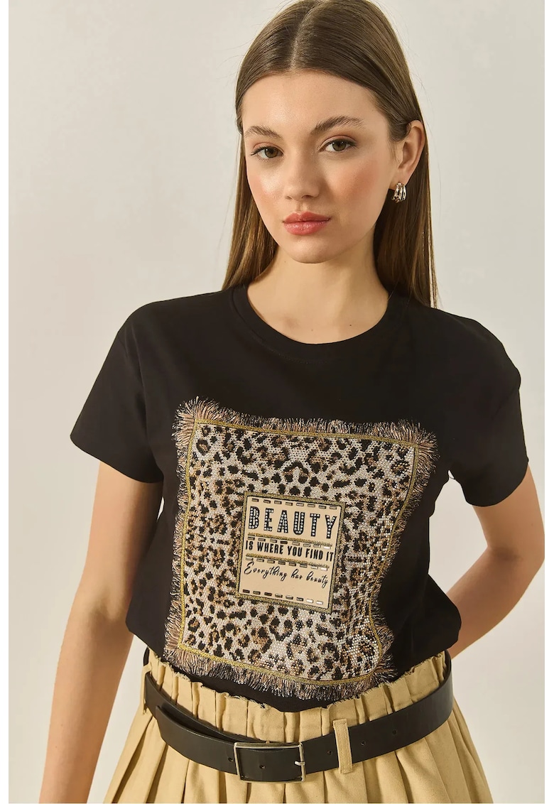 Tricou dama - imprimeu leopard - bumbac/elastan - negru/bej -