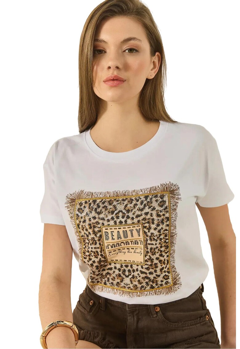 Tricou dama - imprimeu leopard - bumbac/elastan - multicolor -