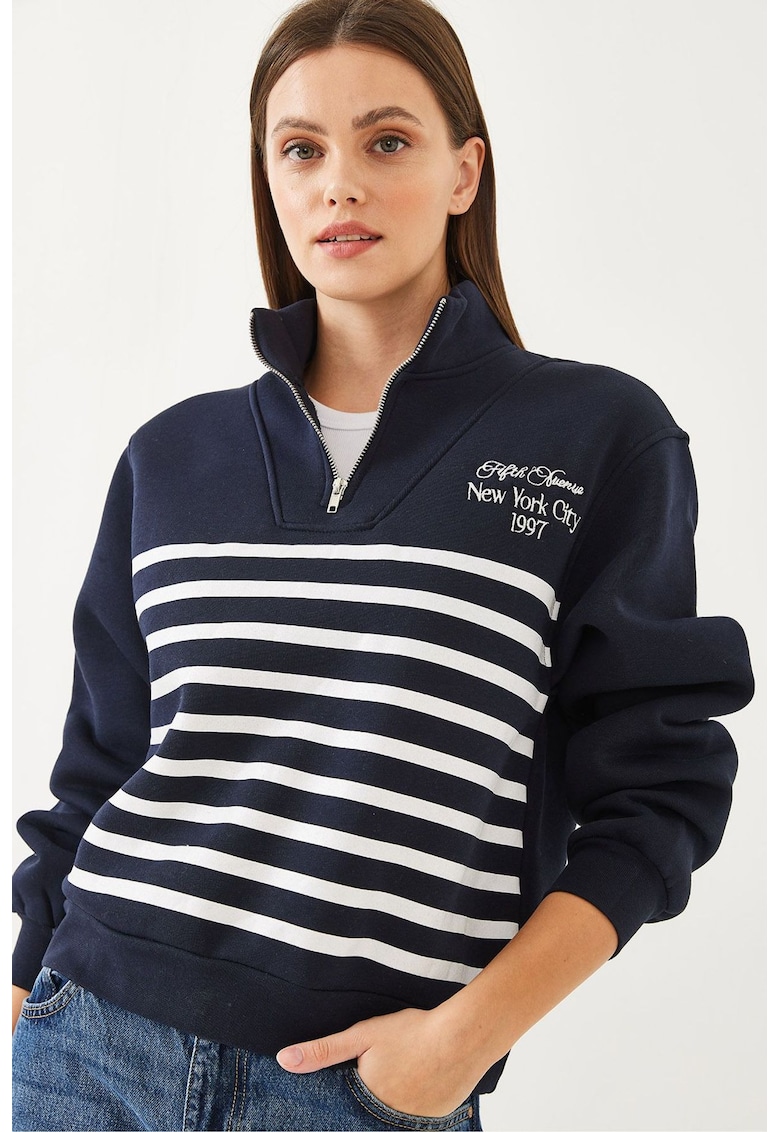 Hanorac dama cu gluga - dungi - imprimeu pe spate - bleumarin - bumbac-poliester Hanorac dama cu gluga - dungi - imprimeu pe spate - bleumarin - bumbac-poliester