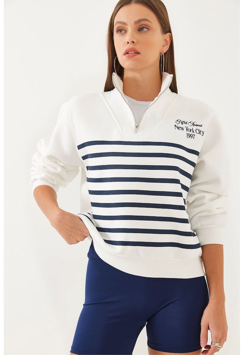 Hanorac dama -  cu gluga - dungi - imprimeu pe spate - alb - bumbac