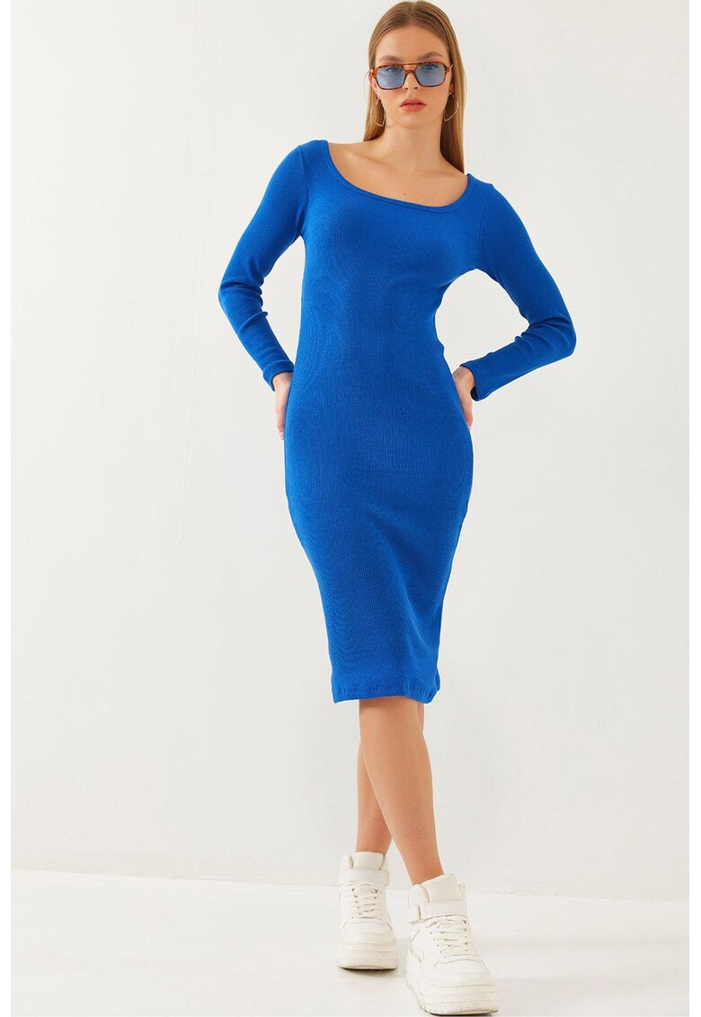 Rochie midi - texturata cu nervuri - guler patrat - albastru indigo - jerseu -