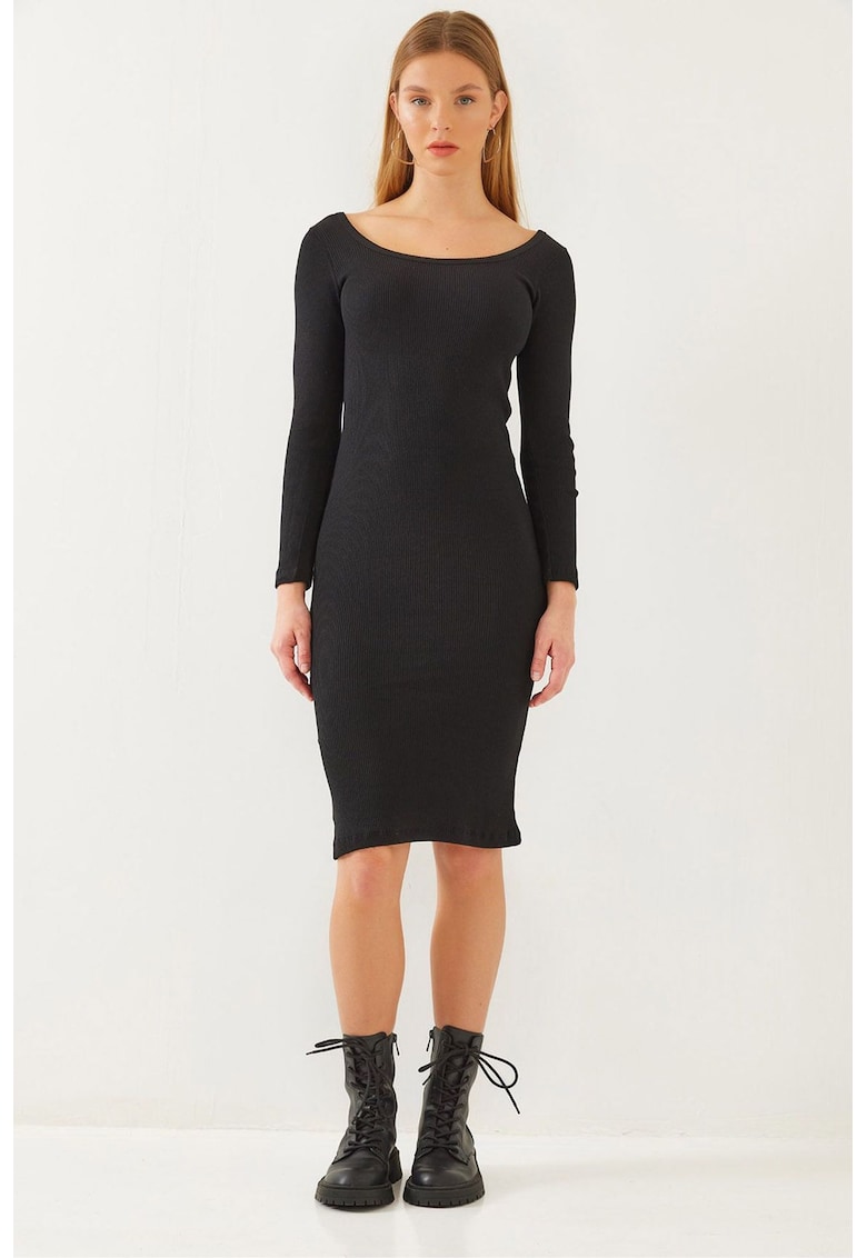 Rochie midi -  texturata cu nervuri - guler patrat - neagra - jerseu -