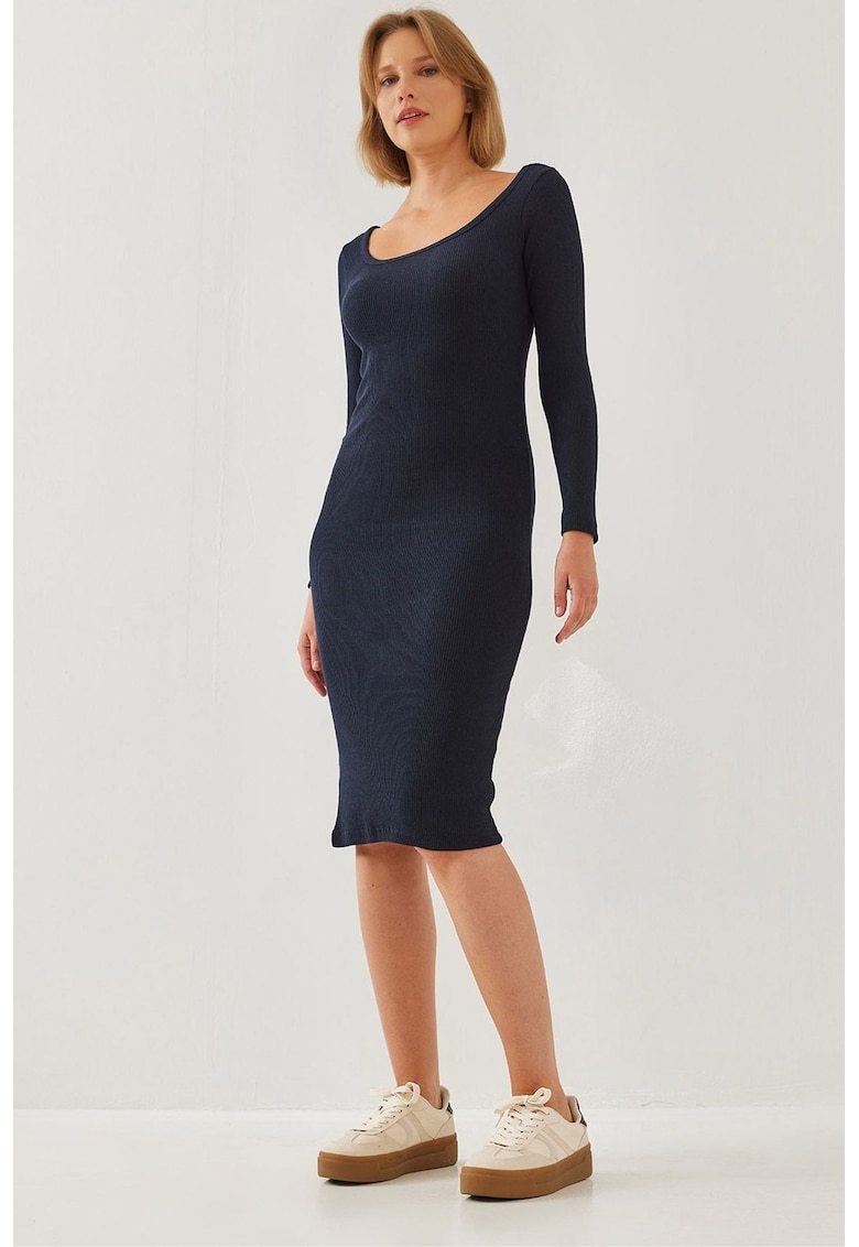 Rochie midi -  texturata cu nervuri - guler patrat - bleumarin - jerseu