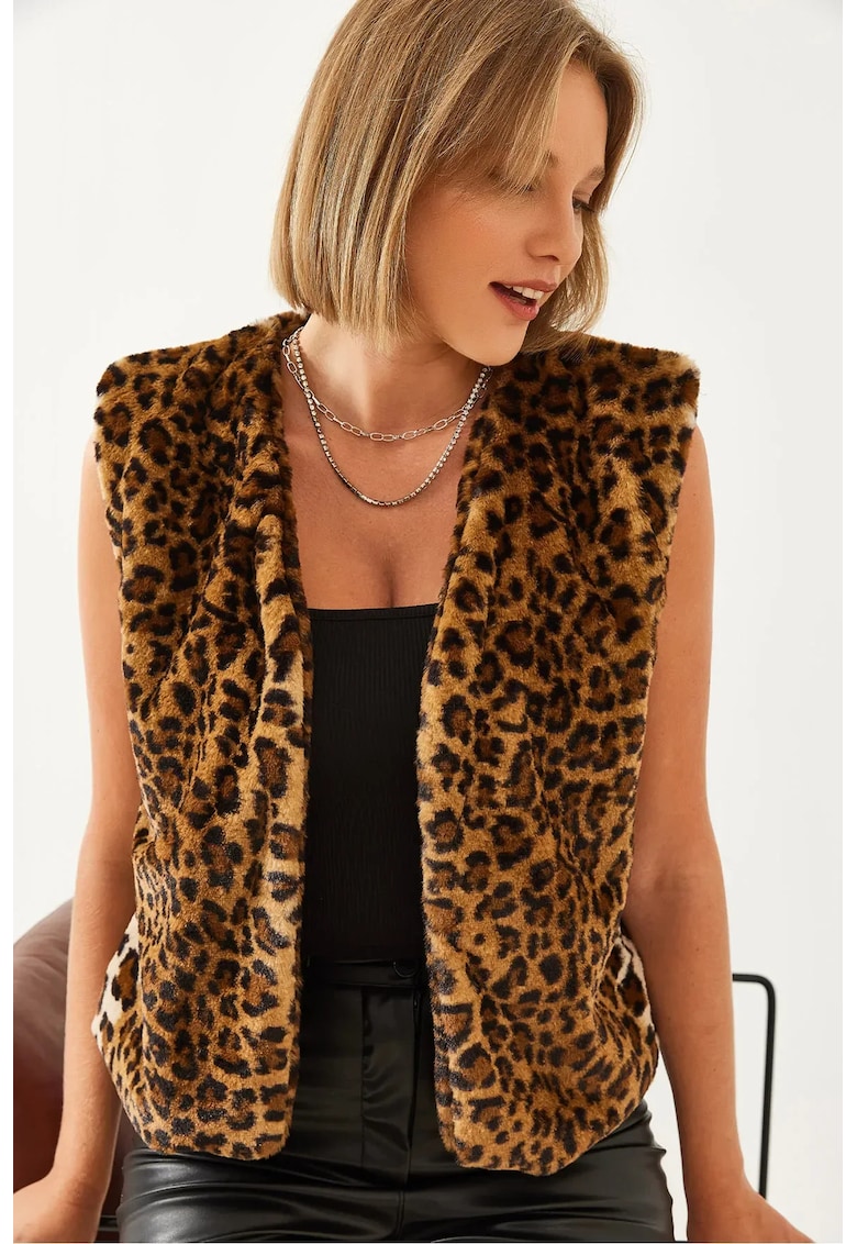 Vesta dama - blana artificiala - imprimeu leopard - negru/maro - Vesta dama - blana artificiala - imprimeu leopard - negru/maro -