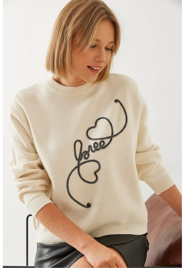 Pulover dama -  guler rotund brodat - bej - tricot -