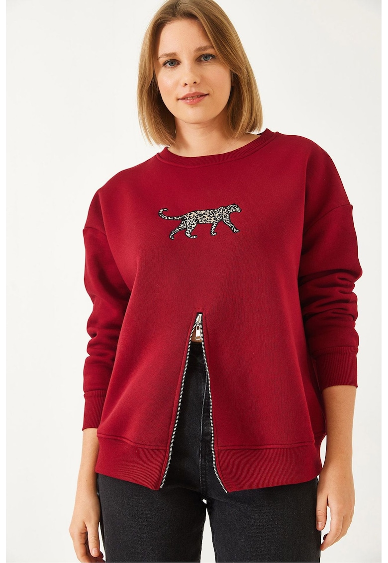 Hanorac dama -  cu guler rotund si fermoar - bumbac - visiniu -