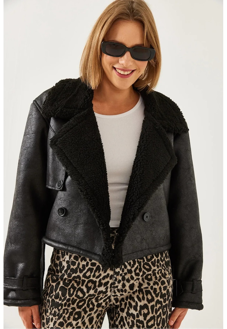 Jacheta scurta dama - piele ecologica -  negru