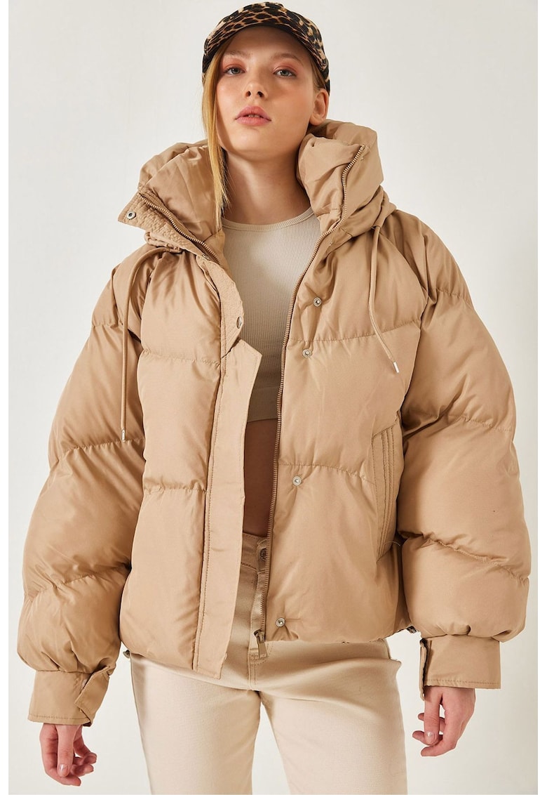 Geaca pentru dama cu gluga - piele ecologica - bej