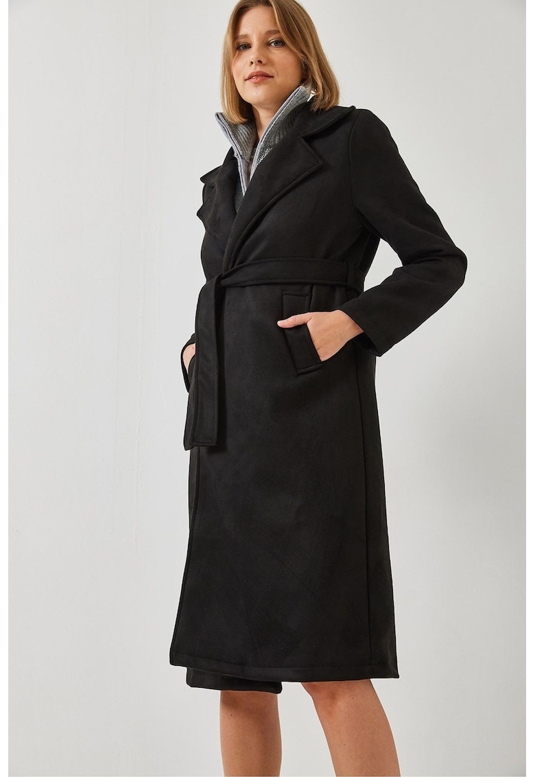 Palton lung dama -  poliester/bumbac/viscoza - negru