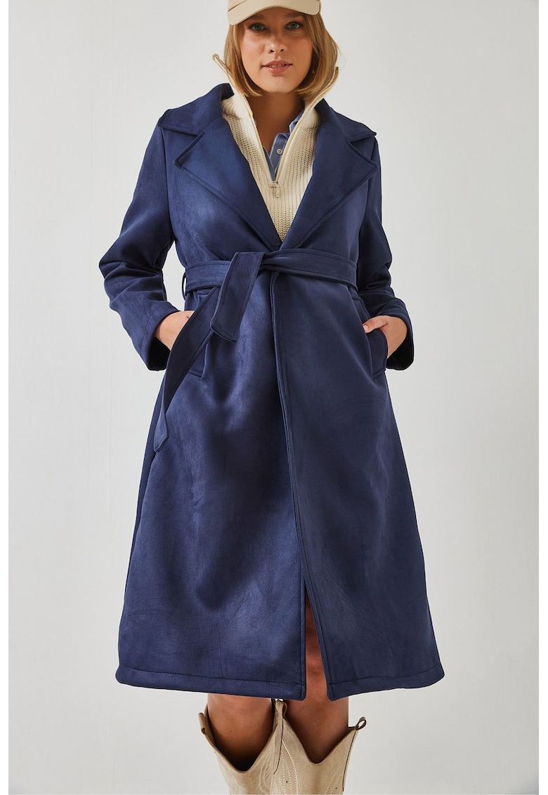 Palton lung dama -  poliester/bumbac/viscoza - bleumarin