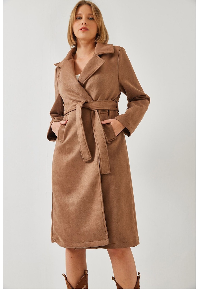 Palton lung dama -  poliester/bumbac/viscoza - maro melange