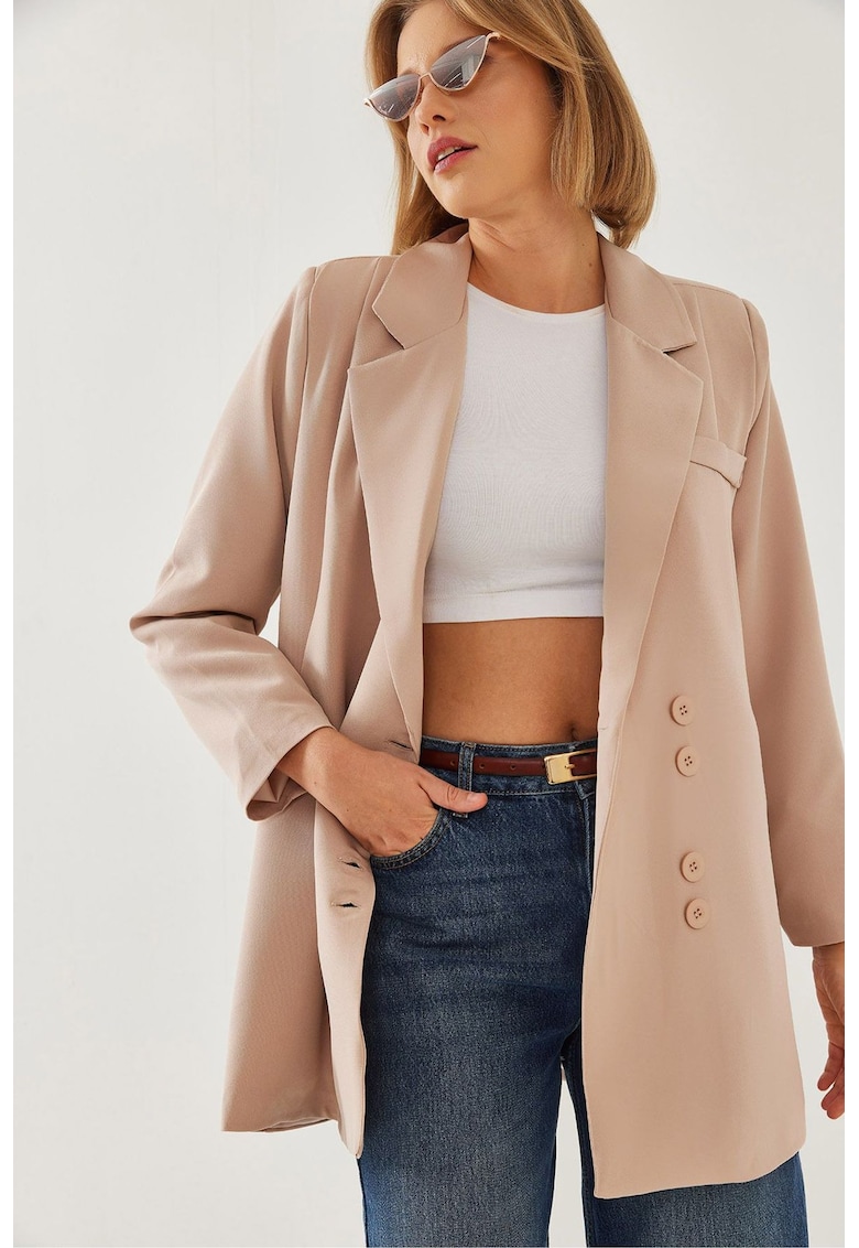 Sacou dama lung - doua randuri de nasturi - detalii din piele ecologica - bej - textil
