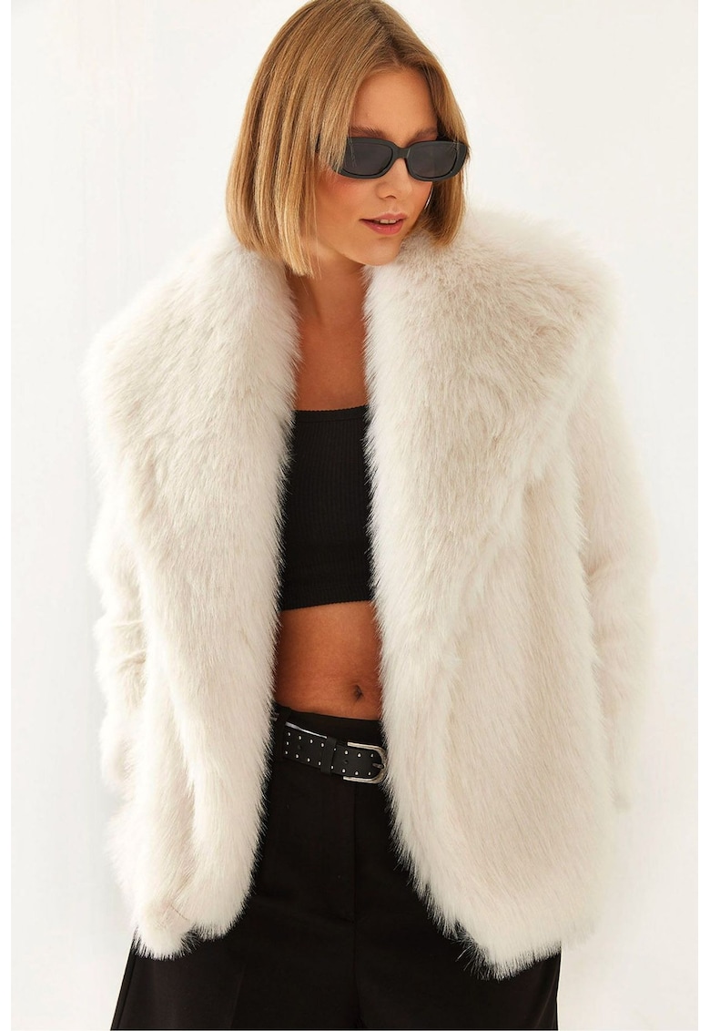Palton dama - din blana artificiala - guler sal - alb