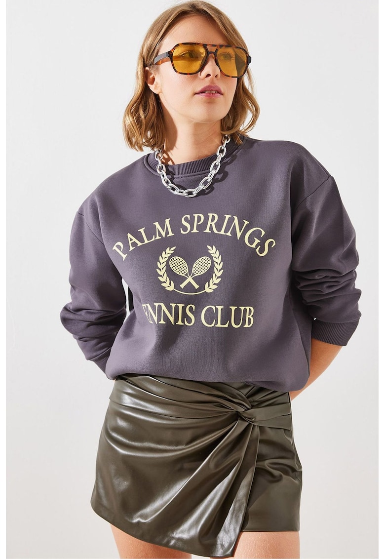 Hanorac  din bumbac cu guler rotund - imprimeu - gri carbune