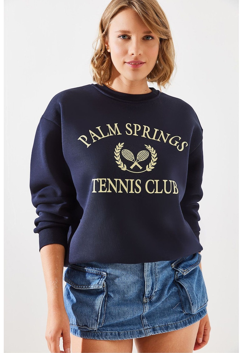 Hanorac dama  din bumbac - guler rotund - imprimeu - bleumarin -