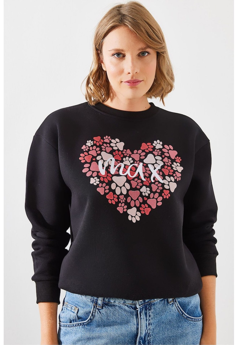 Hanorac dama -  cu guler rotund - imprimeu logo - negru - bumbac