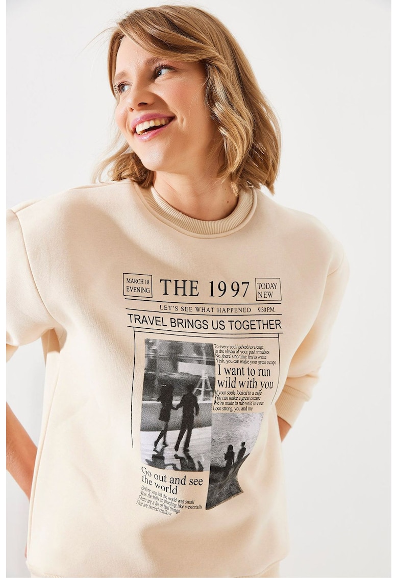 Hanorac dama  cu guler rotund - imprimeu pe spate - bej - bumbac -