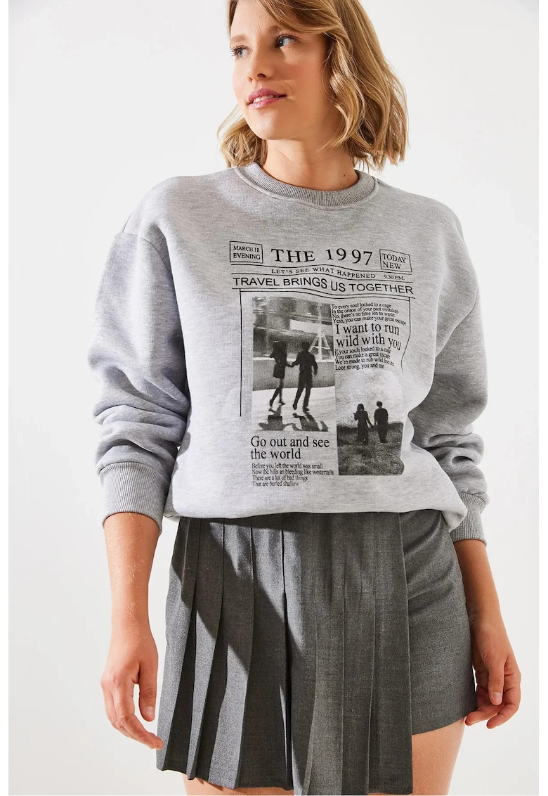 Hanorac dama  guler rotund - imprimeu pe spate - gri - bumbac