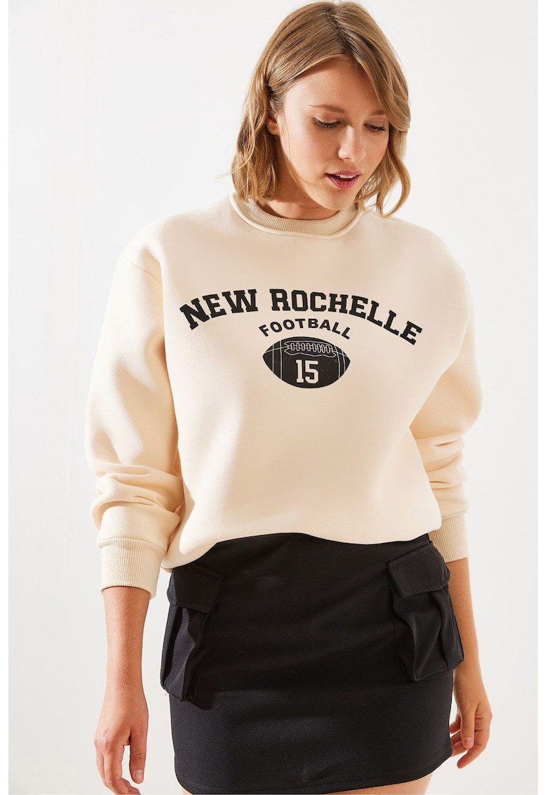 Hanorac dama HiCCUP - guler rotund - imprimeu logo - bej - bumbac -