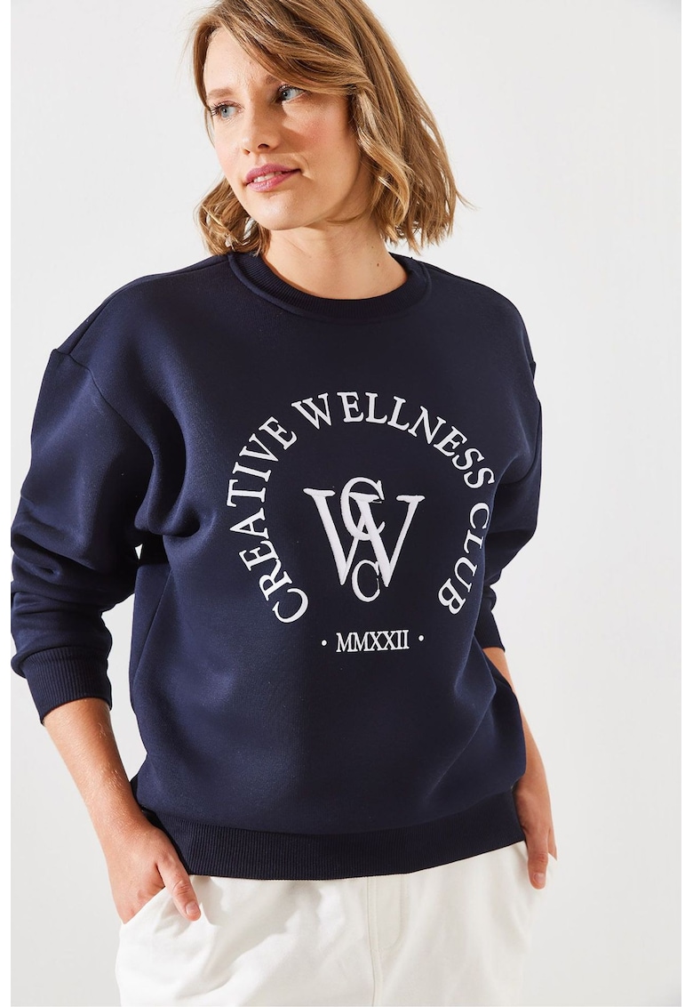 Hanorac dama  din bumbac cu guler rotund - imprimeu motto - bleumarin