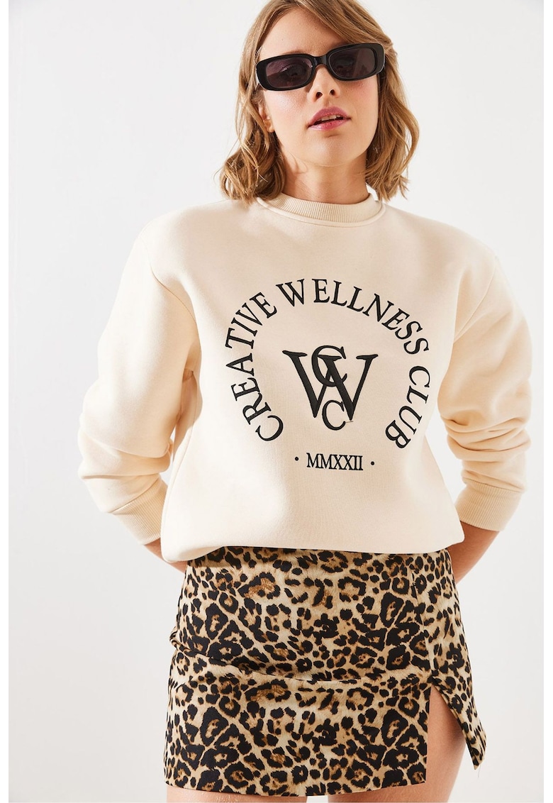 Hanorac dama  din bumbac cu guler rotund si imprimeu - bej