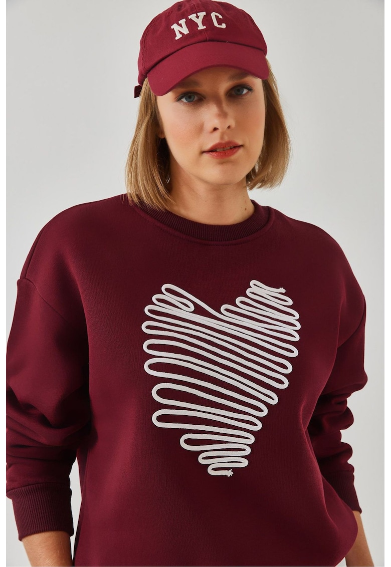 Hanorac dama -  bumbac - guler rotund - brodat - visiniu