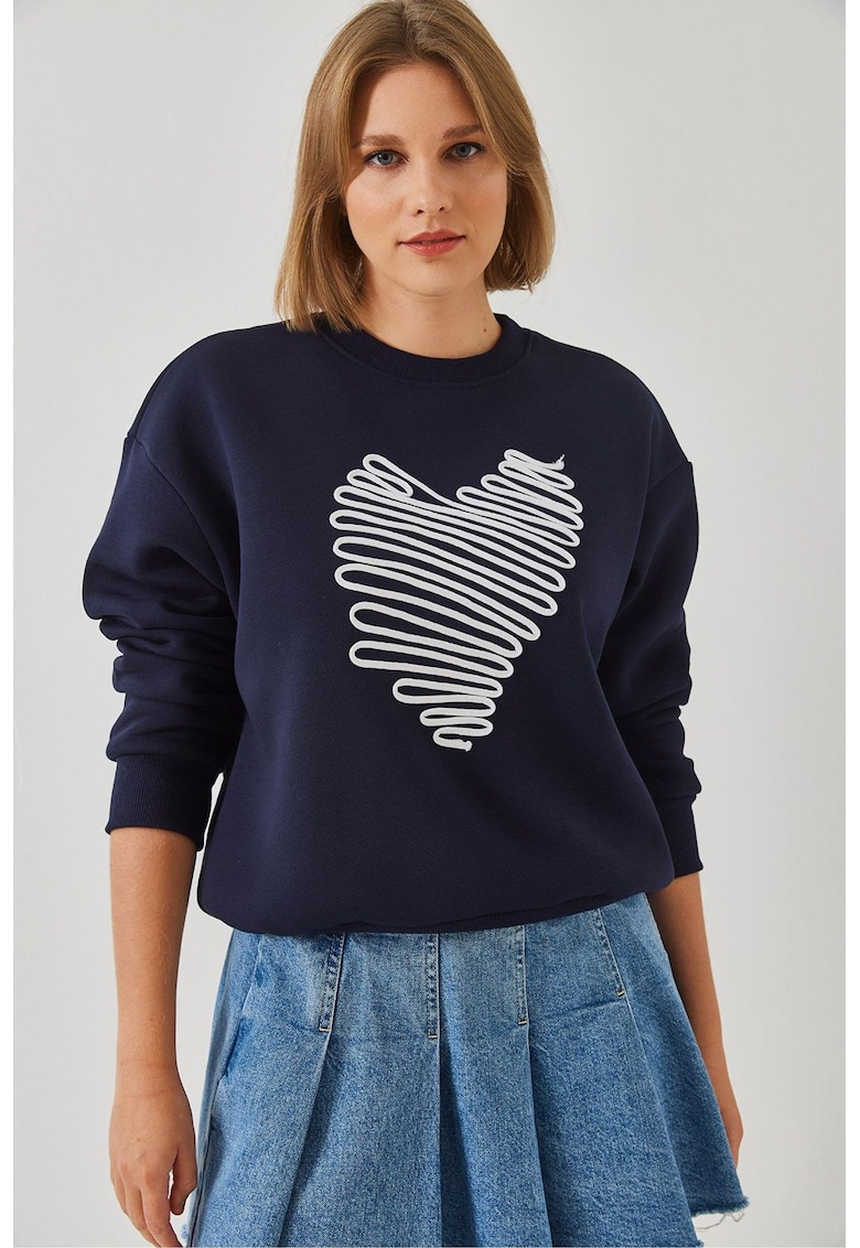 Hanorac dama  din bumbac - guler rotund - brodat - bleumarin Hanorac dama  din bumbac - guler rotund - brodat - bleumarin