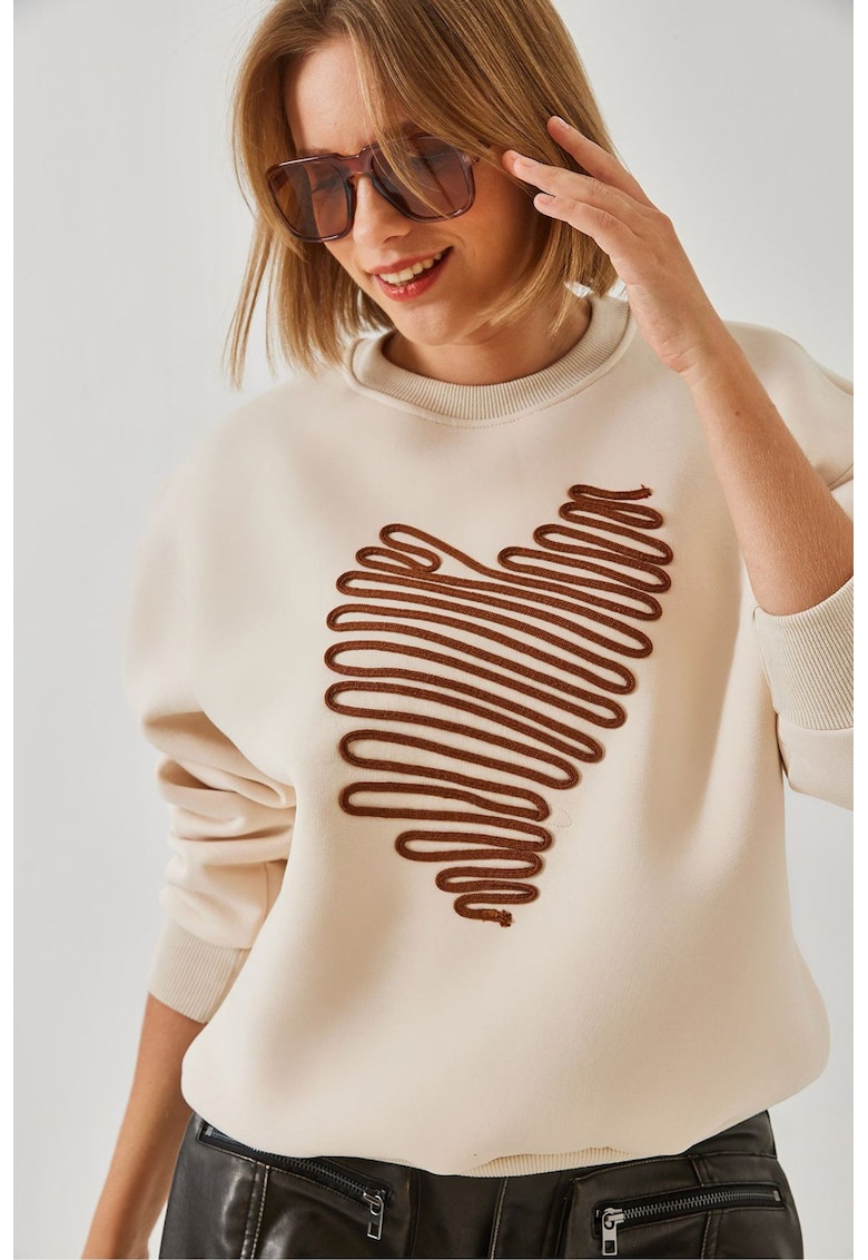 Hanorac dama -  din bumbac - guler rotund - brodat - bej