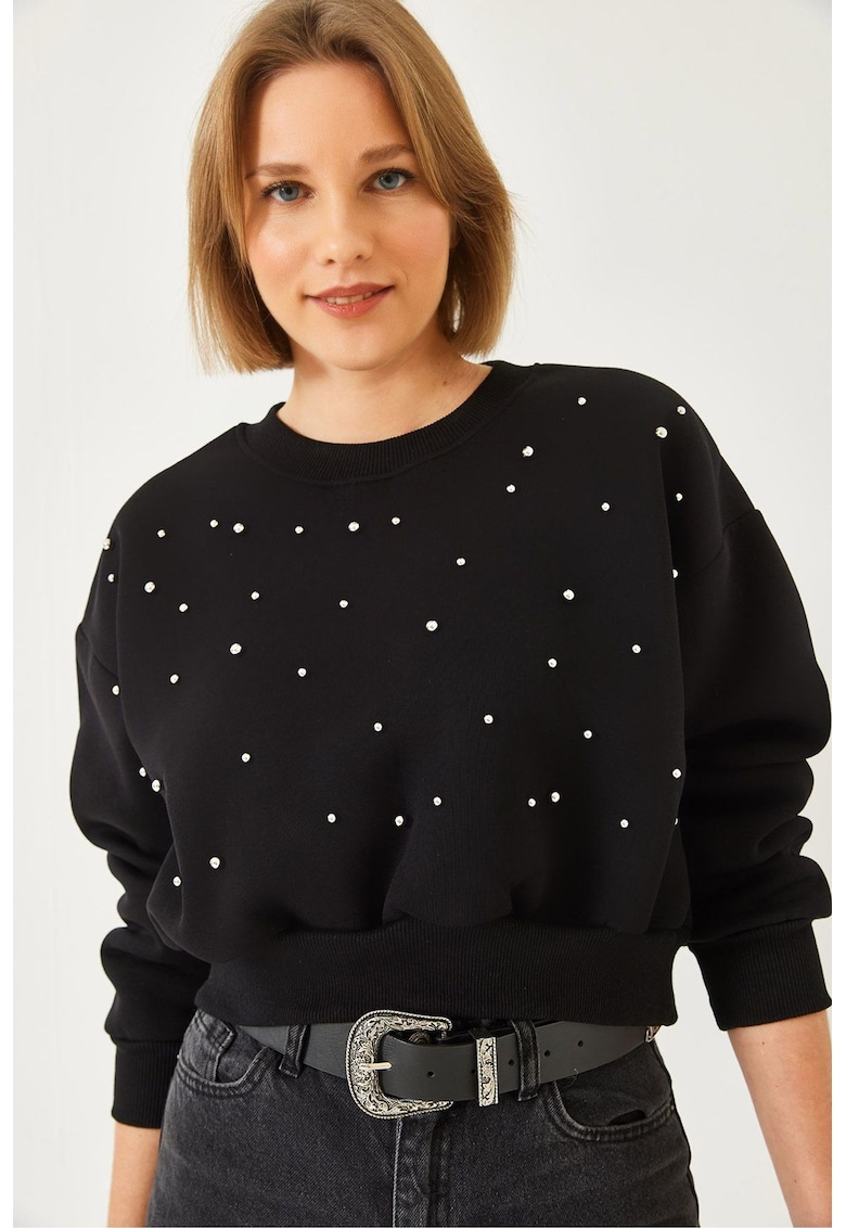 Hanorac dama -  cu guler rotund si pompom - negru - bumbac