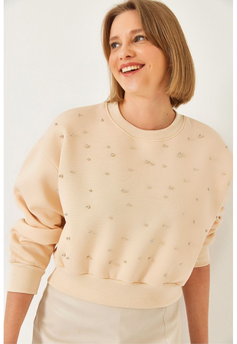 Hanorac dama  pulover cu guler rotund si pompom - bej - bumbac