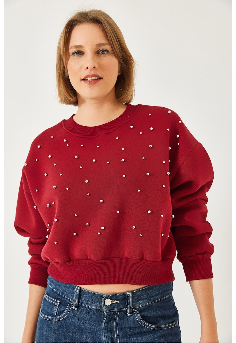 Hanorac dama  pulover cu guler rotund si model - visiniu - tricot