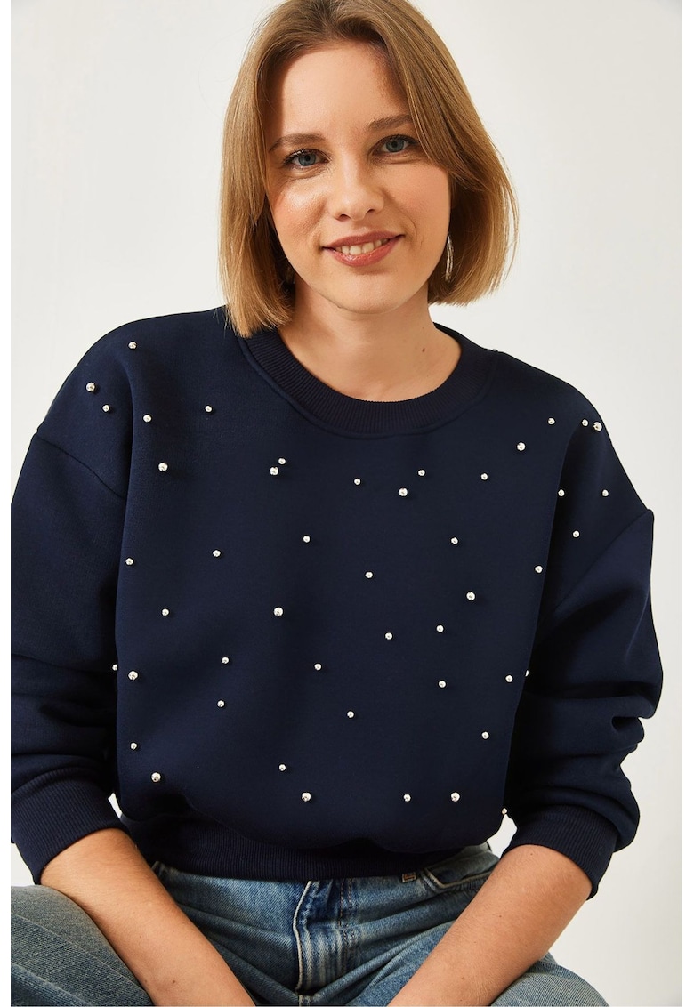 Hanorac dama -  pulover cu guler rotund - model modern - bleumarin - bumbac