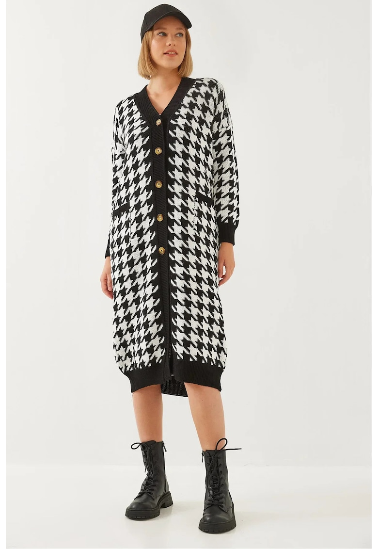 Cardigan -  lung cu model - decolteu in V - negru - tricot -