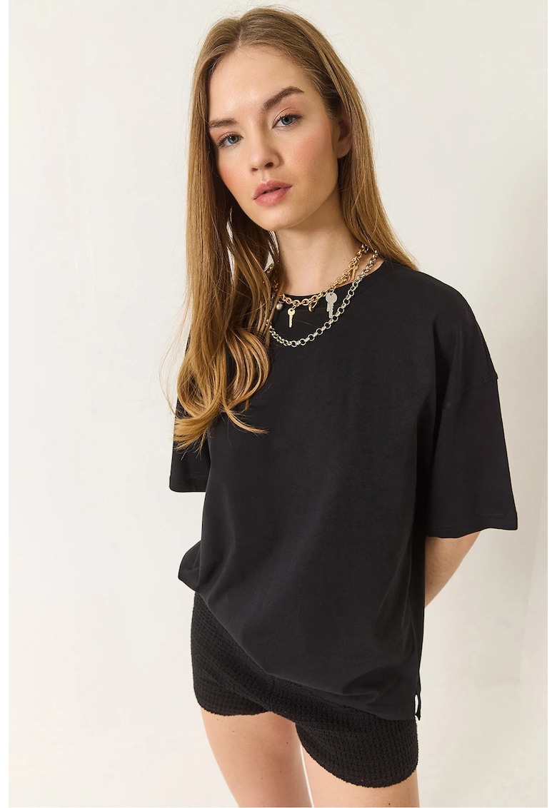 Tricou dama decolteu rotund - crapatura - bumbac - negru