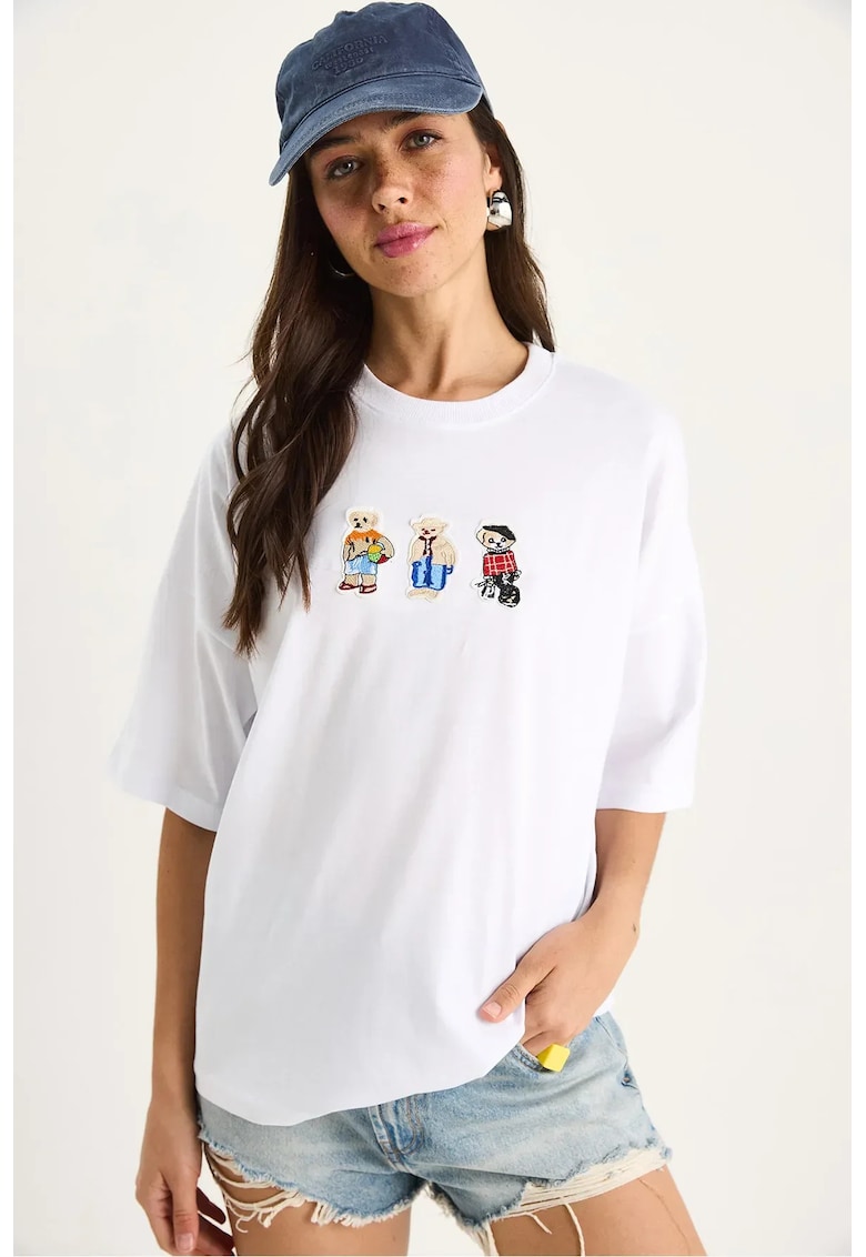 Tricou dama - bumbac - decolteu rotund - brodat - alb