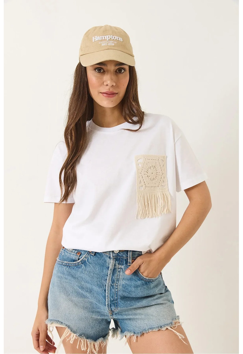 Tricou dama - bumbac - decolteu rotund - brodat - alb/crem -