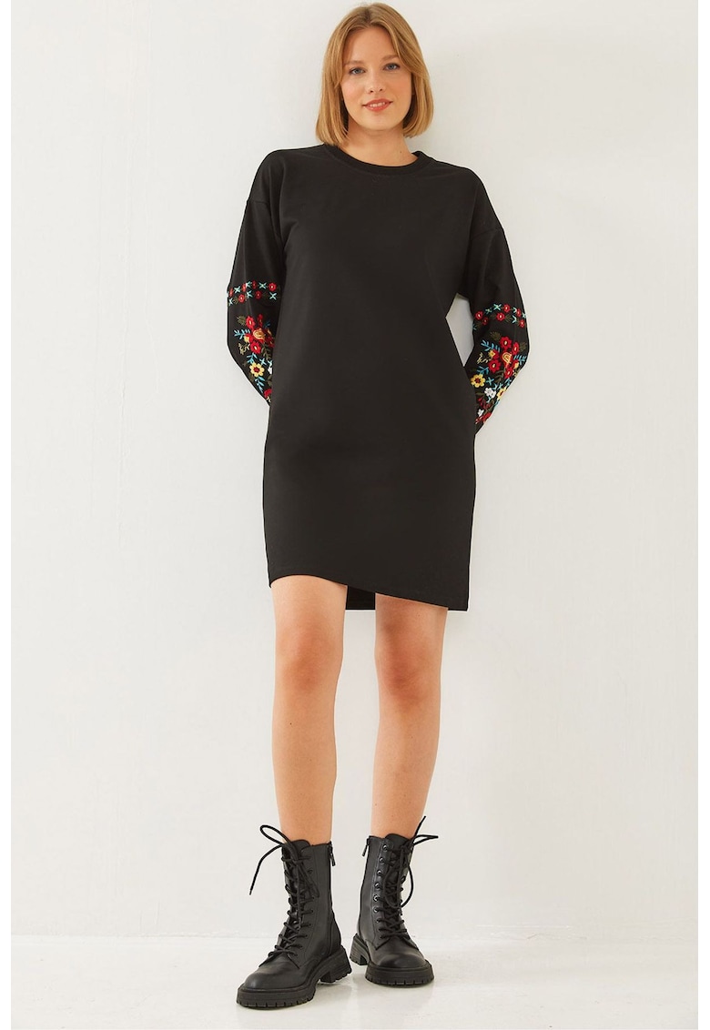 Rochie mini - guler rotund - broderie - negru - jerseu