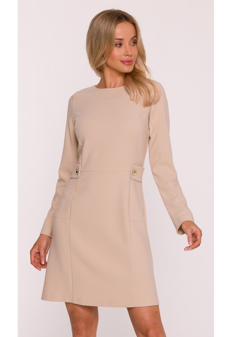 Rochie mini S419 bej maneci lungi - decolteu rotund - bretele decorative in talie cu nasturi aurii - material neted cu finisaj moale - Inchizatoare cu fermoar la spate