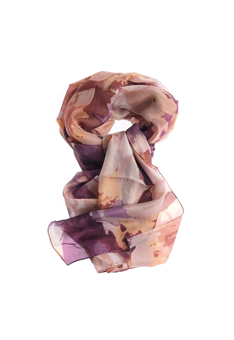 Esarfa din matase in nuante de mov si bej cu imprimeu abstract