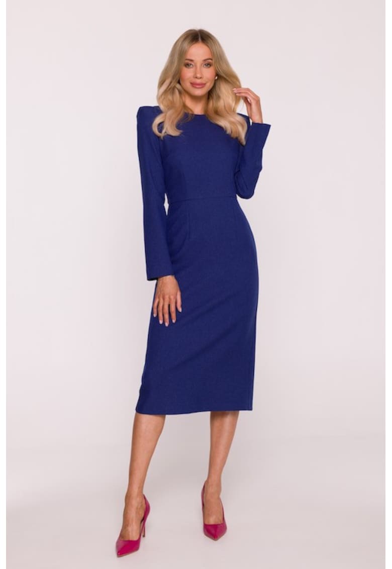 Rochie midi - S412 Negru - Decolteu rotund - Maneci lungi - Albastru