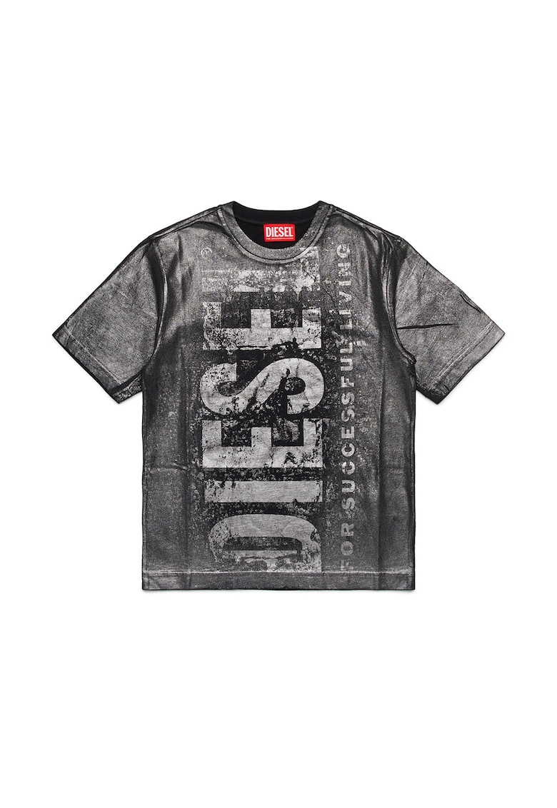 Tricou cu imprimeu logo si decolteu la baza gatului - Negru/Gri