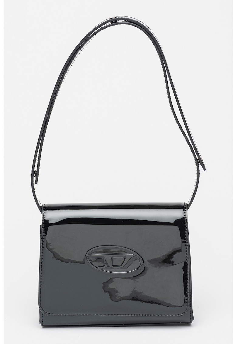 Geanta din piele lacuita cu bareta de umar si clapa Rose