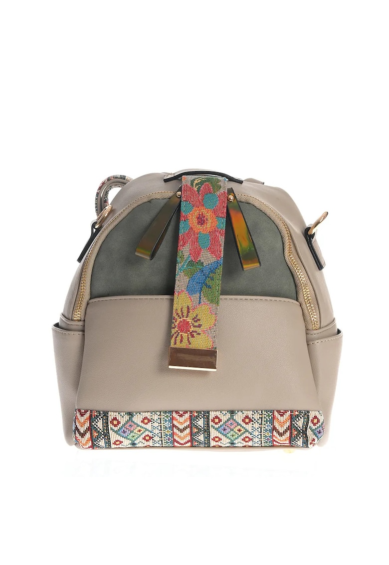 Rucsac casual bej cu imprimeu floral si tribal