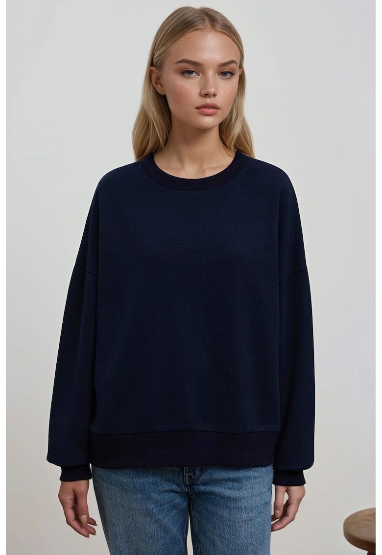 Hanorac dama basic supradimensionat - guler rotund - bleumarin - bumbac si poliester