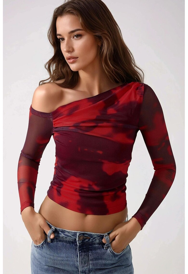 Bluza dama - din tul cu guler asimetric - rosu - jerseu