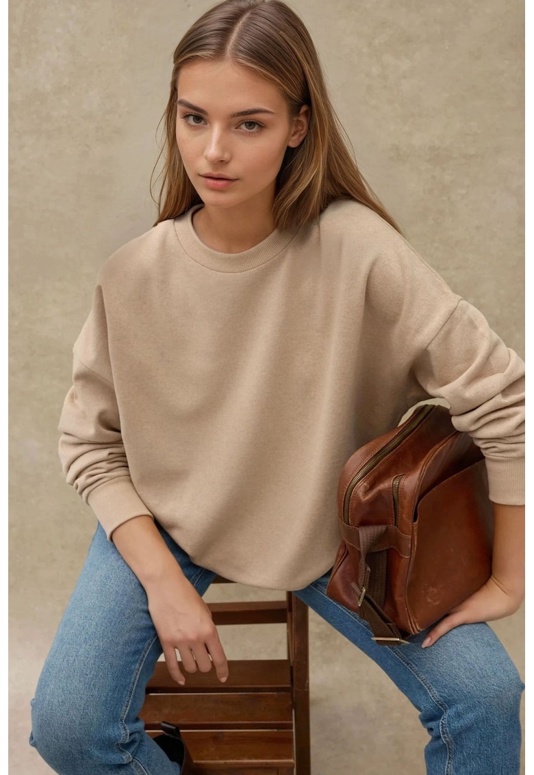 Hanorac dama basic supradimensionat - guler rotund - bej - bumbac si poliester