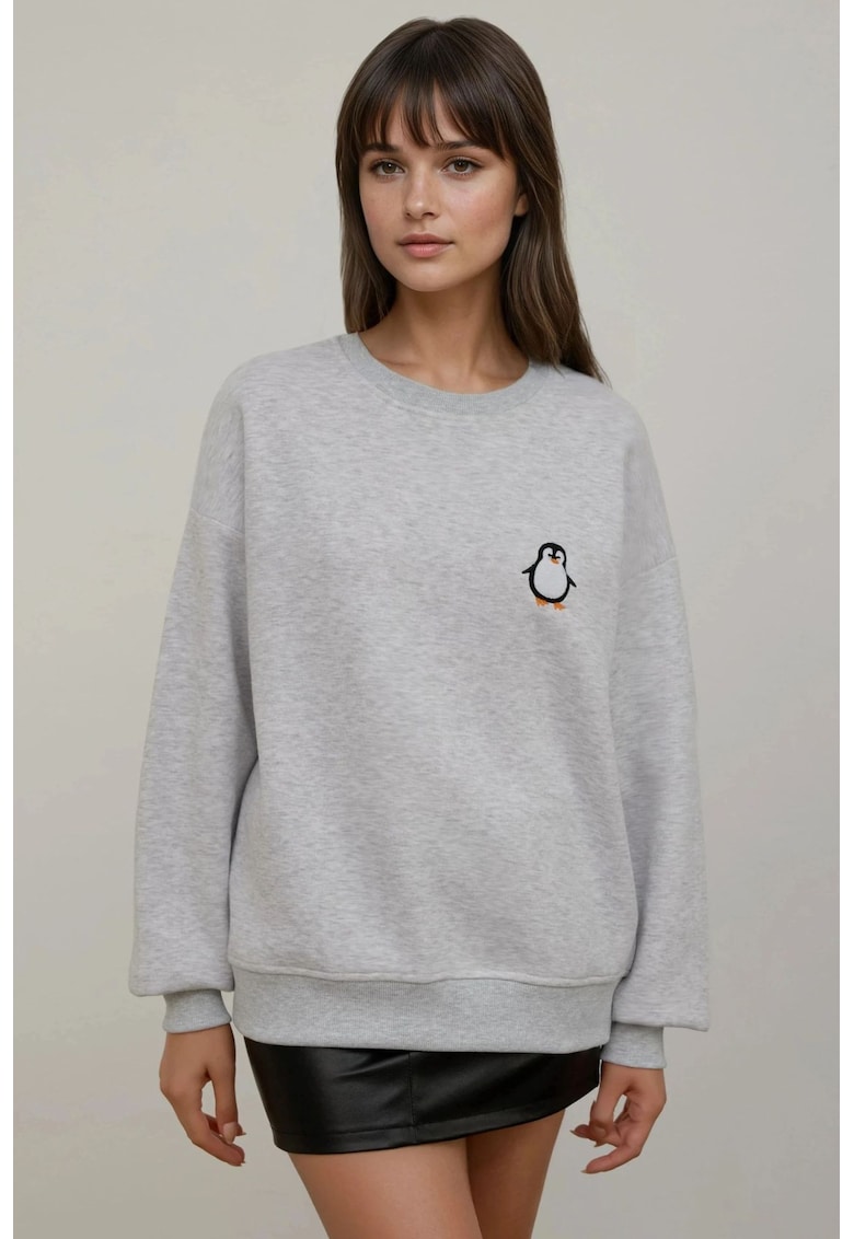 Hanorac dama gri - bumbac-poliester - guler rotund - broderie model animal